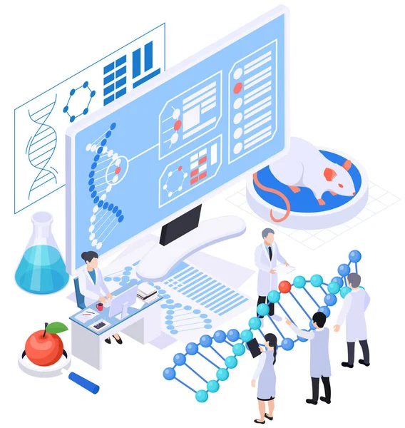 Kompozycja Izometryczna Biotechnologii Grupą Naukowców Posiadających Duży Model Dna Ilustracją — Wektor stockowy