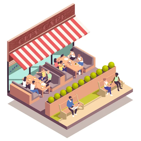 Street Cafe Izometrikus Koncepció Emberek Ülnek Szabadtéri Terasz Vektor Illusztráció — Stock Vector
