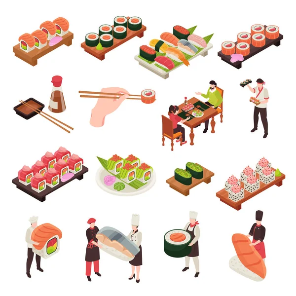 Izometryczna Ikona Sushi Zestaw Rolki Różnych Rozmiarach Abstrakty Owinięte Nori — Wektor stockowy