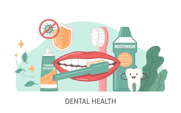 Cartone Animato Piatto Salute Dentale Con Simboli Igiene Orale Illustrazione — Vettoriale Stock