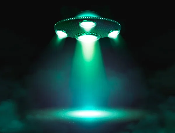Ufo Raumschiff Poster Mit Fliegender Untertasse Die Lichtstrahl Vektorillustration Projiziert — Stockvektor