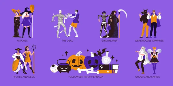Pessoas Vestindo Trajes Halloween Personagens Assustadores Parafernália Férias Composições Planas —  Vetores de Stock