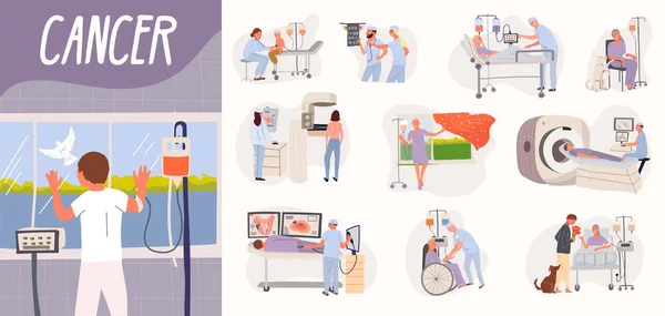 Kanker Patiënt Oncologie Samenstelling Met Set Van Geïsoleerde Pictogrammen Doodle — Stockvector