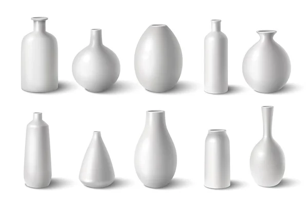 Fényes Fehér Kerámia Porcelán Vázák Reális Készlet Elszigetelt Vektor Illusztráció — Stock Vector