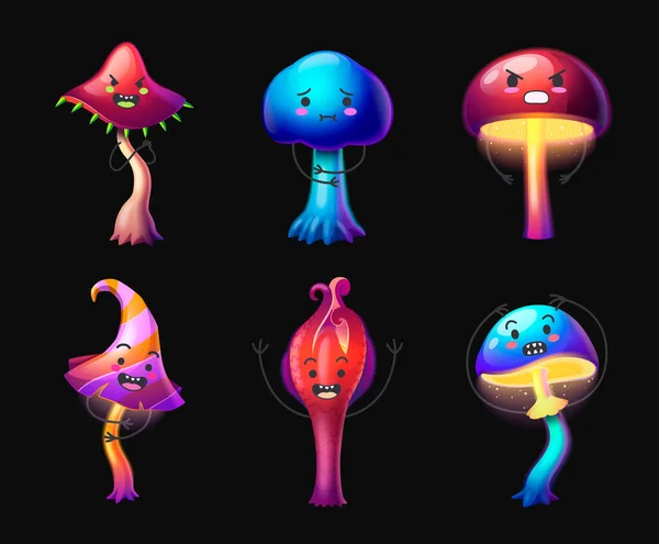Bunte Magische Pilzfiguren Die Verschiedene Emotionen Ausdrücken Cartoon Set Isoliert — Stockvektor
