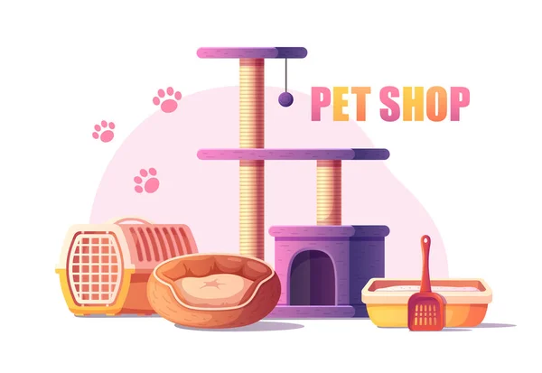 Pet Shop Goods Cat Tree Bed Litter Tray Carrier Cartoon — Stock Vector