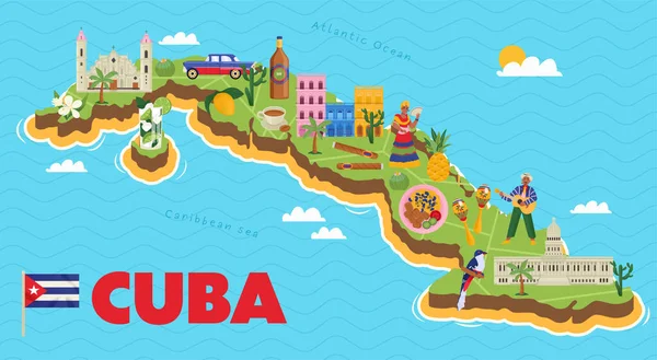 Cuba Mappa Con Suoi Simboli Poster Piatto Sul Mare Blu — Vettoriale Stock
