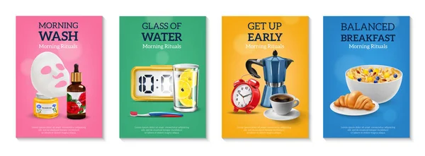 一套四幅垂直海报 附有可编辑的华丽文字和晨间洗水及早餐图像矢量图解 — 图库矢量图片