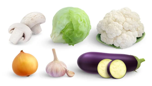 Conjunto Verduras Imágenes Aisladas Con Champiñones Cebolla Ajo Lechuga Coliflor — Vector de stock