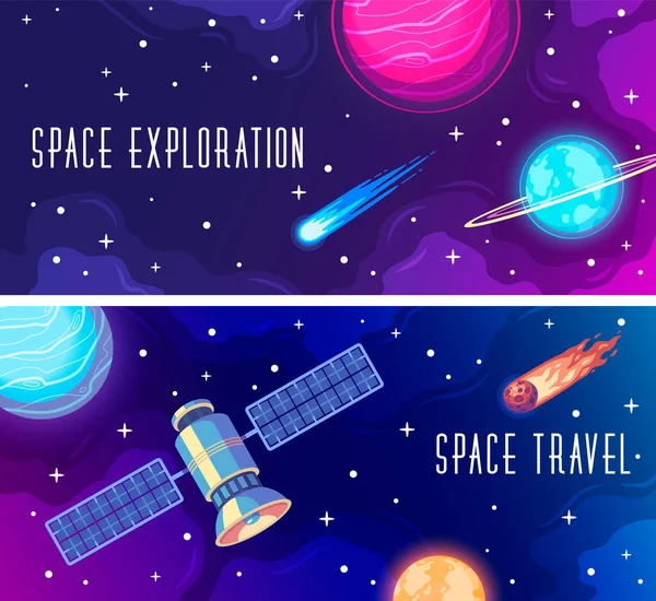 Space Exploration Horizontal Banners Set Satellite Celestial Bodies Cartoon Isolated — Stock Vector