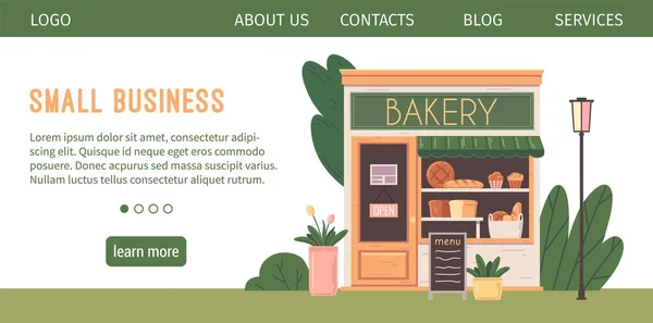 Banner Del Sitio Web Horizontal Pequeña Empresa Con Fachada Panadería — Archivo Imágenes Vectoriales