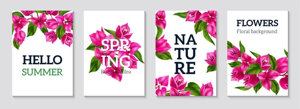 Floral Poster Set Dekoriert Mit Lila Bougainvillea Blumen Und Zweigen — Stockvektor