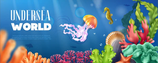 Undervattensvärlden Horisontell Affisch Dekorerad Med Färgglada Tecknade Bilder Havsdjur Realistisk — Stock vektor
