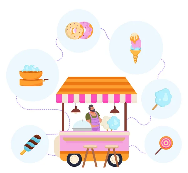 Sweet Cotton Candy Composition Mobile Shop Surrounded Flat Meal Icons — Stock Vector