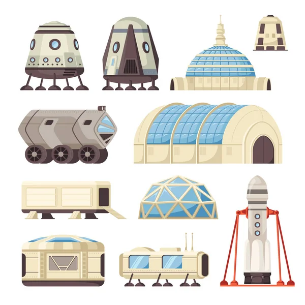 火星の植民地化セット 着陸モジュールの生息地の建物のローバーとロケット発射パッドベクターのイラスト — ストックベクタ