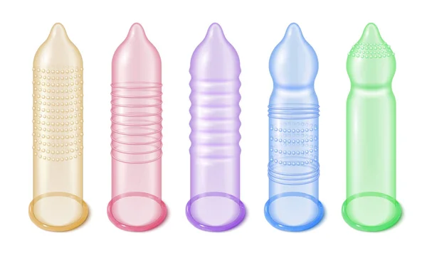 Set Mit Isolierten Realistischen Bildern Von Kondomen Mit Regenbogenfarben Und — Stockvektor