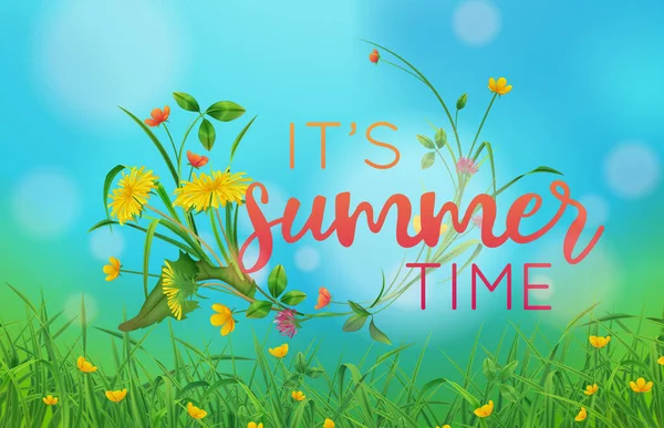 Letní Čas Realistický Plakát Zelenou Trávou Divoké Květiny Modrém Nebi — Stockový vektor