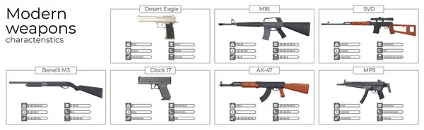 Fegyver Háborús Készlet Infografikai Kompozíciók Realisztikus Ikonok Különböző Fegyverek Jellemzők — Stock Vector