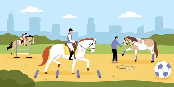 Paardensport Platte Achtergrond Met Mensen Trainen Paarden Contact Met Dieren — Stockvector