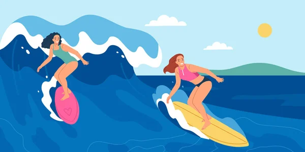 Young Women Surfing Vacation Flat Vector Illustration — Stock Vector