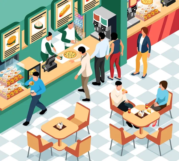 Emberek Asztalhoz Ülnek Rendelnek Kávézóban Élelmiszerbíróság Izometrikus Vektorillusztrációján — Stock Vector