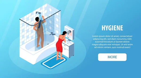 Isometric Hygiene Horizontal Banner Text More Button Characters Bathing Man — Stock Vector