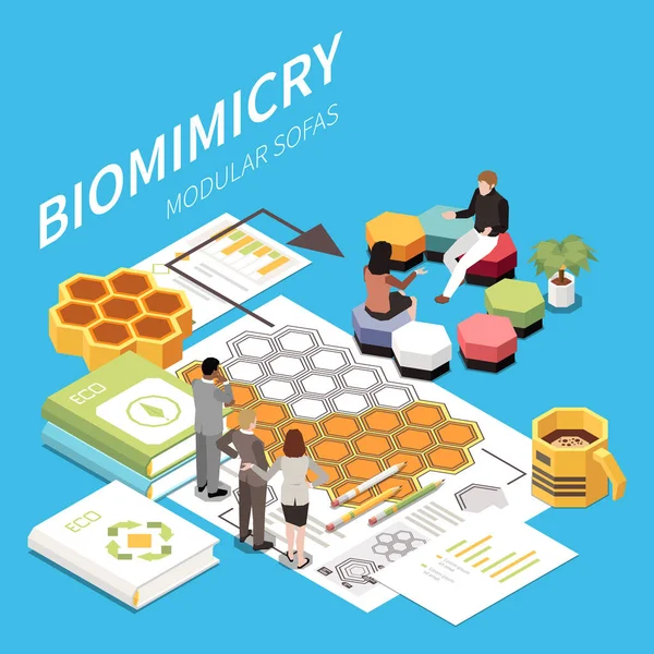 Biomimicry Isometric Background Eco Team Demonstrated Human Development Manufacturing Design — Stock Vector