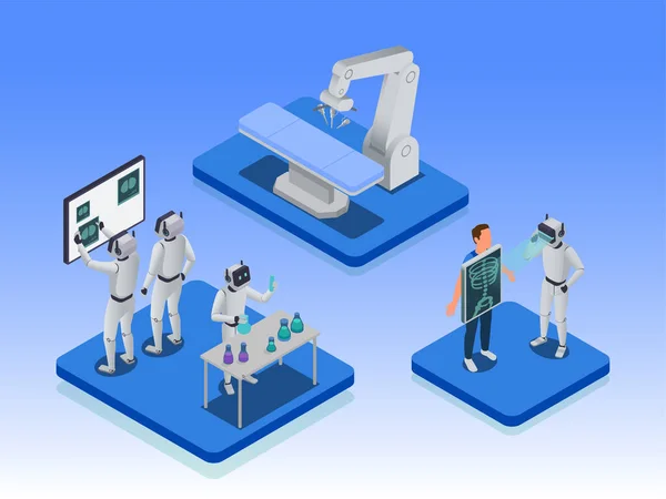 自动外科设备 机器人医生和实验室研究人员3D矢量演示医学等距概念中的Ai — 图库矢量图片