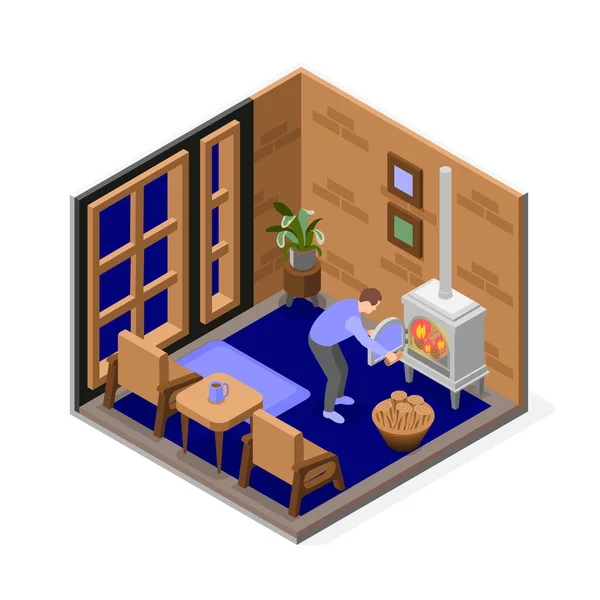 Power Outage Isometric Composition Man Kindling Fireplace Room Country House — Stock Vector