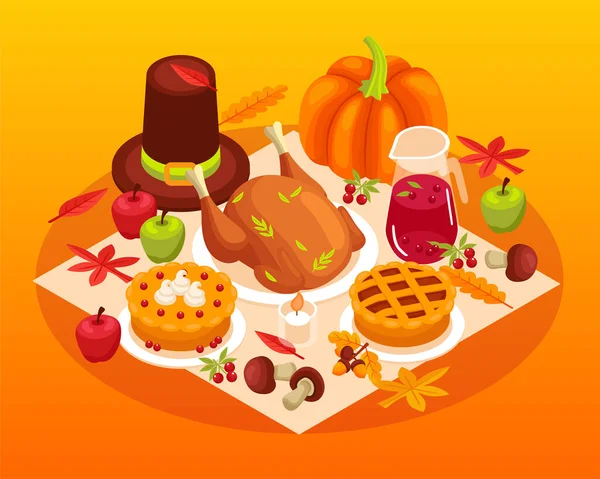 Thanksgiving Table Isometric Composition Traditional American Food Turkey Pie Pumpkin — Stock Vector