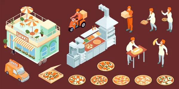 Isometric Pizza Color Set Isolated Icons Kitchen Range Parlor Building — Stock Vector