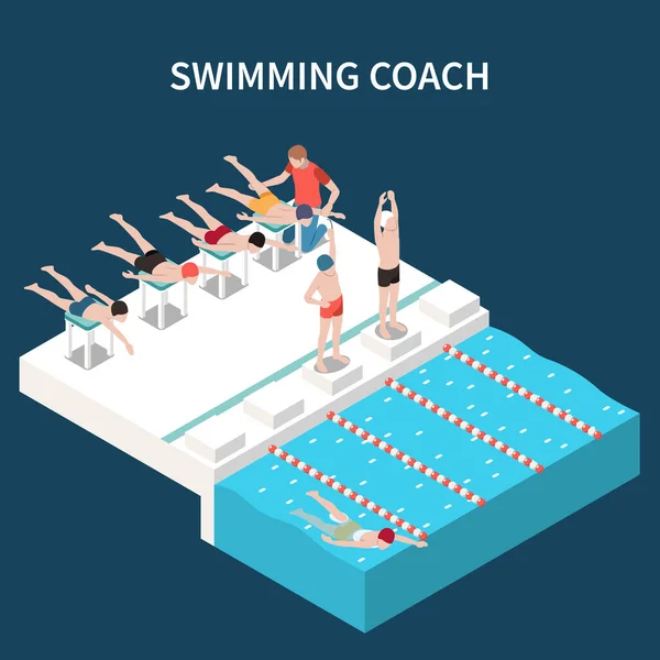 Kompozycja Izometryczna Trenera Pływackiego Dziećmi Uczącymi Się Ruchów Dłoni Stóp — Wektor stockowy