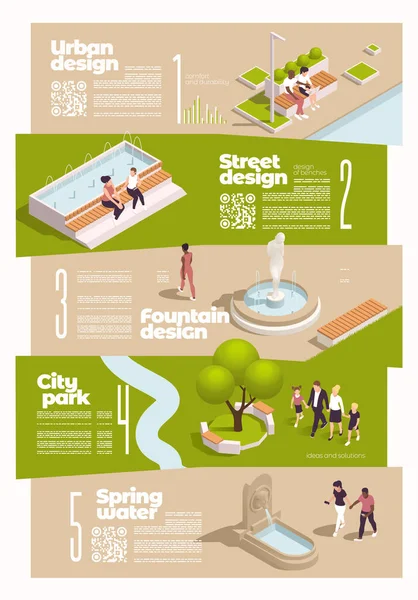 Park Fontänen Pavillon Isometrische Infografik Mit Horizontalen Bannern Des Stadtparks — Stockvektor