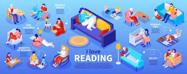 Isometric Reading Book Infographics Editable Text Captions Isolated Icons Books - Stok Vektor