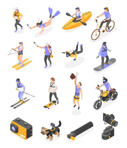 People Using Action Camera While Doing Various Sport Activities Isometric — Stock Vector