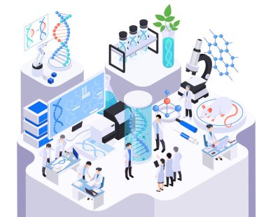 Test tüpleri DNA ve bilim adamları vektör illüstrasyonuna sahip laboratuvar işyeri masa üstü unsurları görünümlü biyoteknoloji izometrik bileşimi