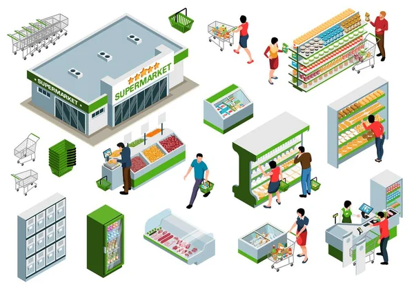 Elementos Isométricos Sala Comercio Supermercados Con Compradores Que Eligen Productos — Archivo Imágenes Vectoriales