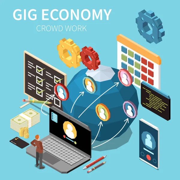 Gig Economy Izometrikus Összetétel Ikonok Naptárak Szerkentyűk Föld Földgömb Felhasználói — Stock Vector