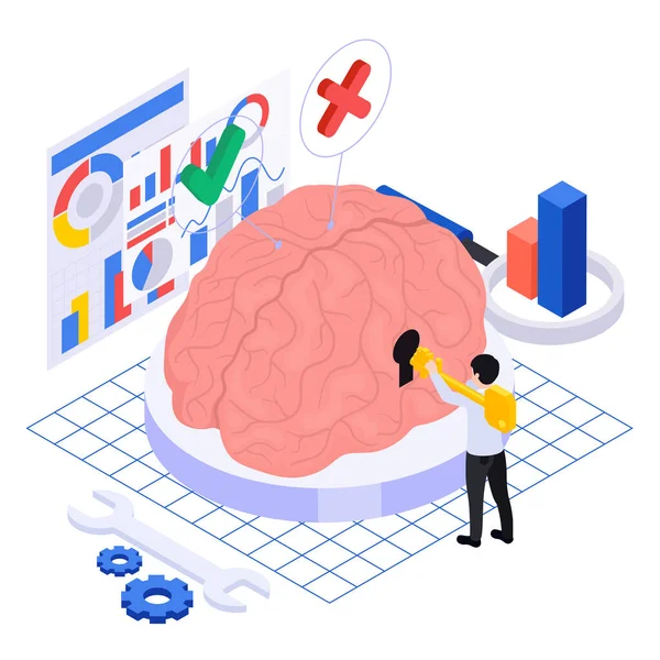 人間の脳3Dベクターのイラストを使用して文字とニューロマーケティングのイソメトリックコンセプト — ストックベクタ