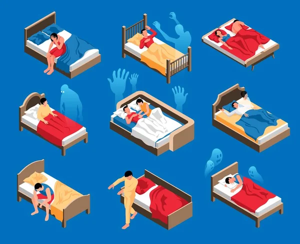 一组在床上遭受恶梦 失眠和梦游症折磨的同分异构者 用蓝色背景矢量图解隔开 — 图库矢量图片