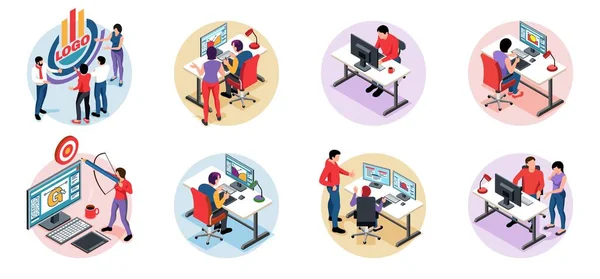 Design Studio Compositions Set Male Female Designers Working Computers Office — Stock Vector