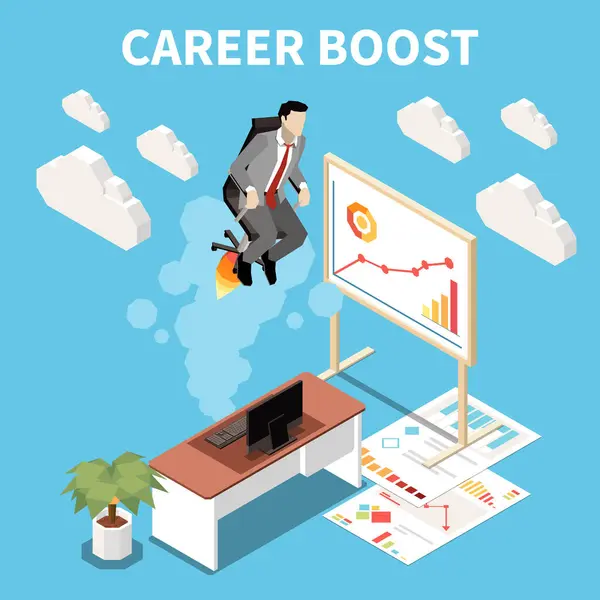 Career Boost Isometric Concept Abstract Situation Man Flies Chair Rocket — Stock Vector