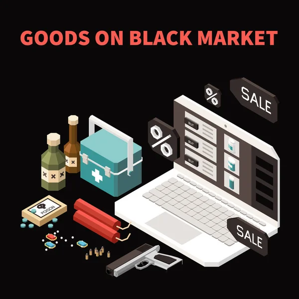 Mercado Negro Conceito Colorido Isométrico Com Mercadorias Mercado Negro Diferentes — Vetor de Stock