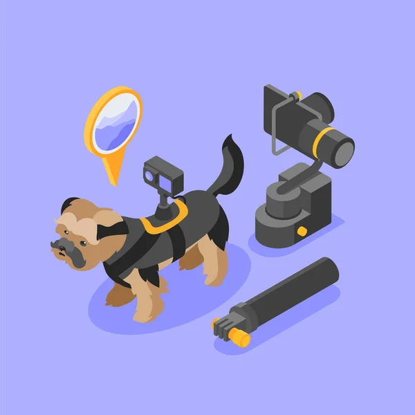 カラーバックグラウンド3Dベクターイラストのアイソメトリック構成の背中のアクションカメラを持つ小さな犬 — ストックベクタ