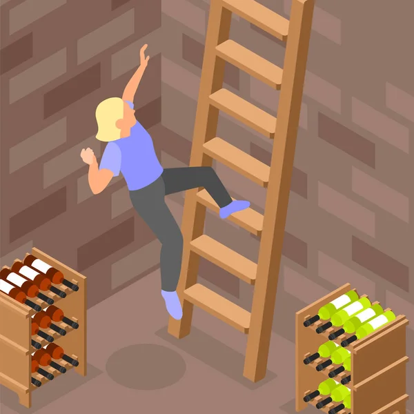 Mulher Caindo Escada Madeira Adega Vinho Isométrico Fundo Vetor Ilustração —  Vetores de Stock
