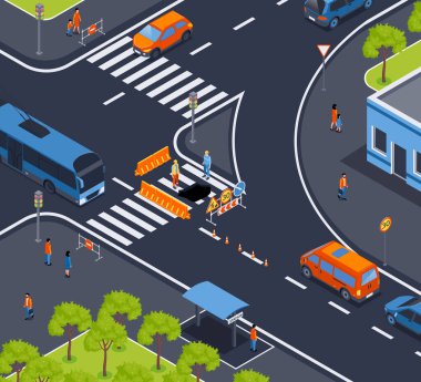Trafik konileri ve insan illüstrasyonları ile şehir yolu kesişme sahnesinin Isometric trafik bariyerleri