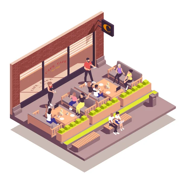 Straßencafé Isometrisches Konzept Mit Menschen Die Auf Der Außenterrasse Sitzen — Stockvektor
