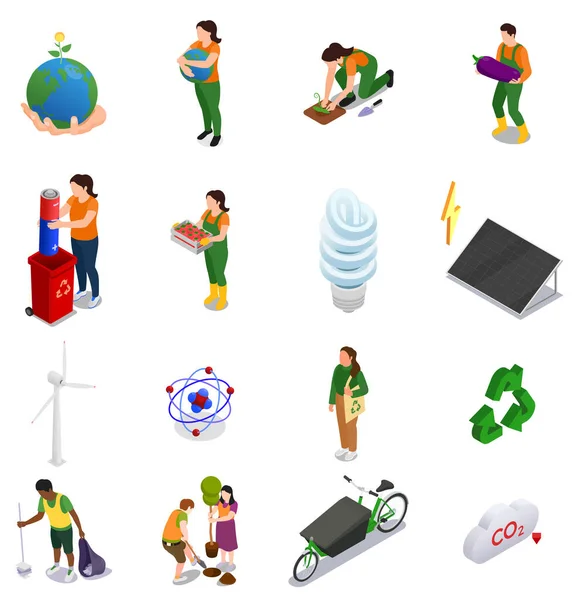 Ecological Awareness Isometric Icons Set Alternative Sources Energy People Looking — Stock Vector