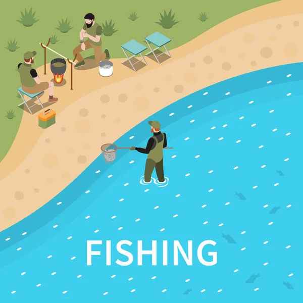 Pesca Pescador Composição Isométrica Homem Homem Peixes Com Uma Rede — Vetor de Stock