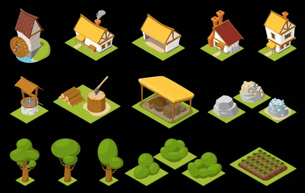 ゲームセット イソメトリックアイコンセット 黄色と茶色の屋根の木とブッシュベッドのベクトルイラスト — ストックベクタ